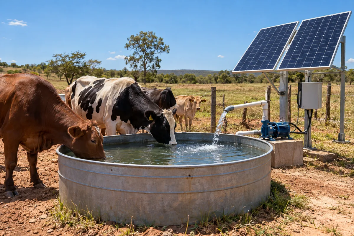 Bebedouro circular abastecido por sistema solar em uma pastagem