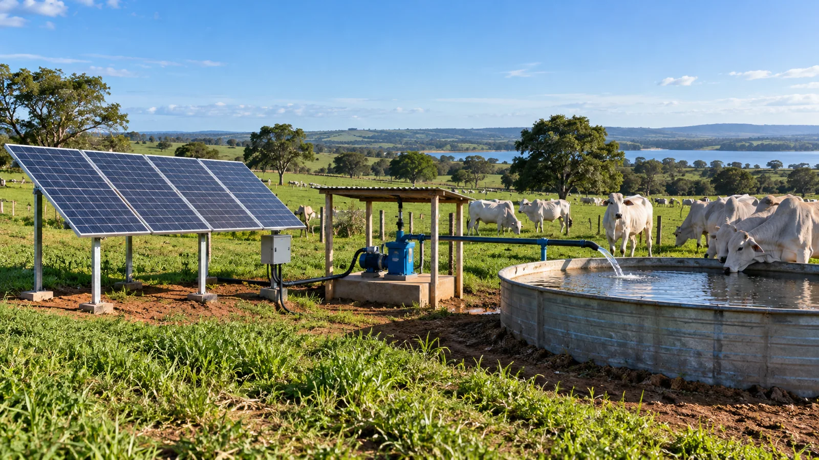 Fazenda brasileira com painéis solares, reservatório, tubulação e bebedouro para o gado