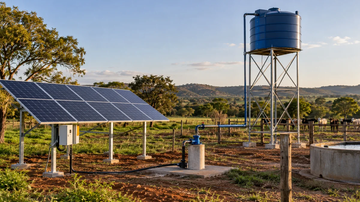Caixa elevada em torre metálica e painéis solares