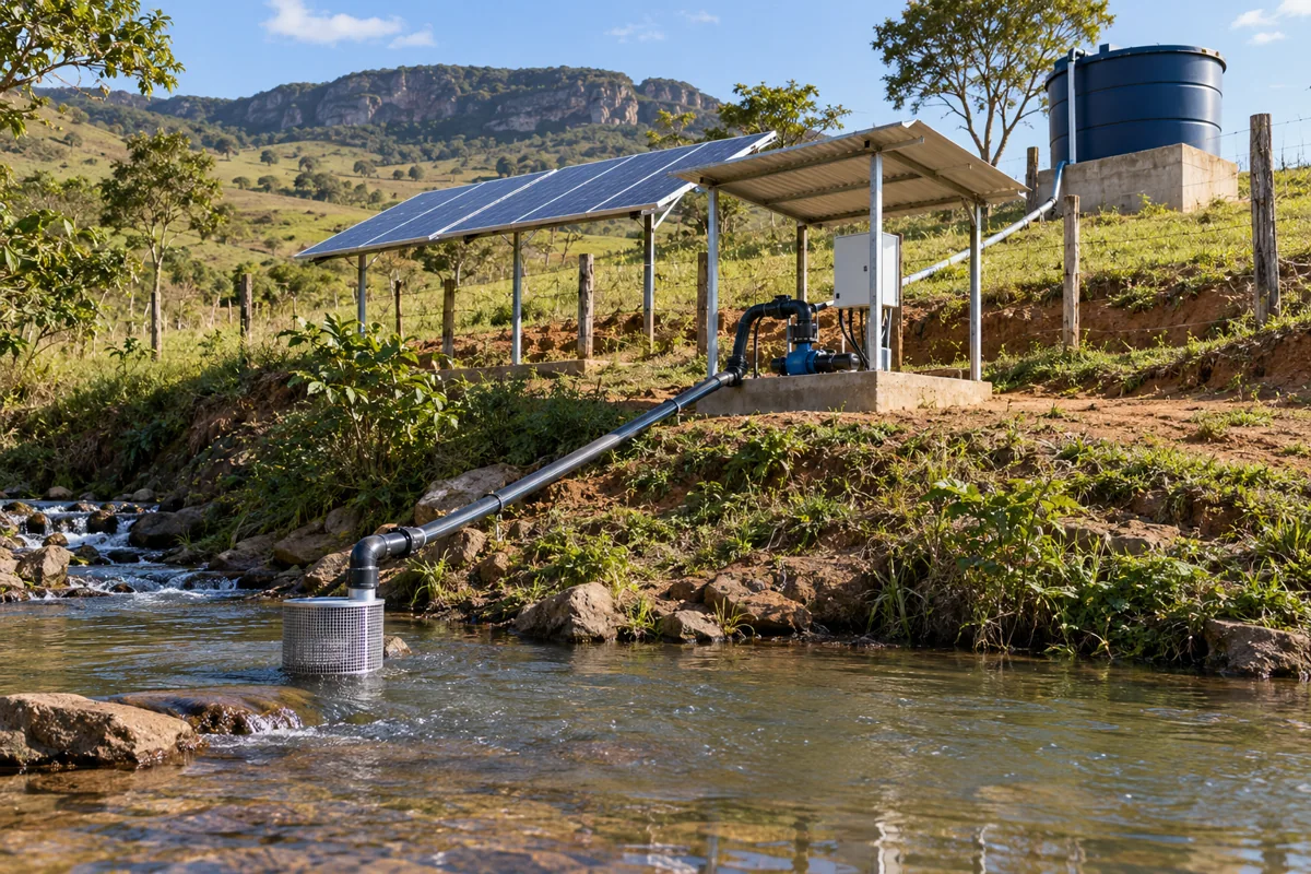 Captação de água em córrego com painéis solares e tubulação rural