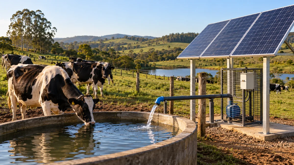 Vacas leiteiras junto ao abastecimento de água por energia solar