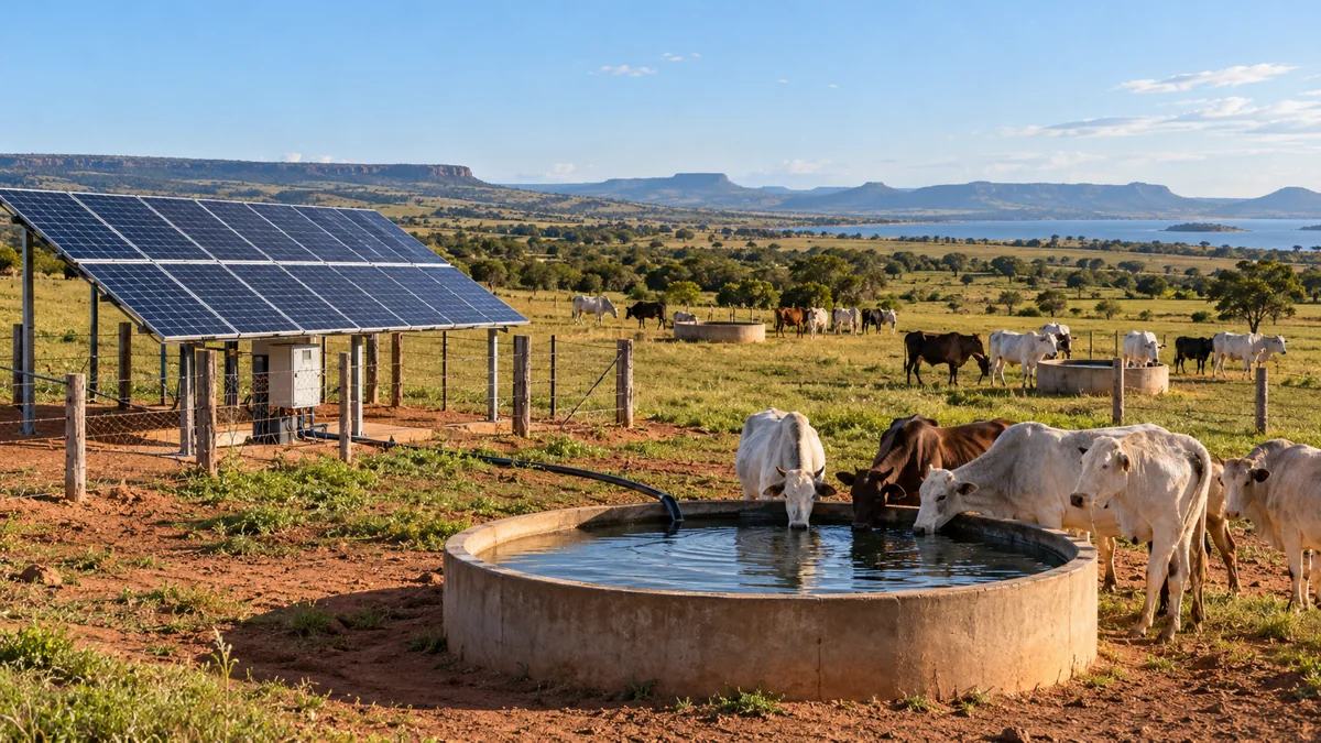 Área de pecuária com sistema solar e bebedouros distribuídos