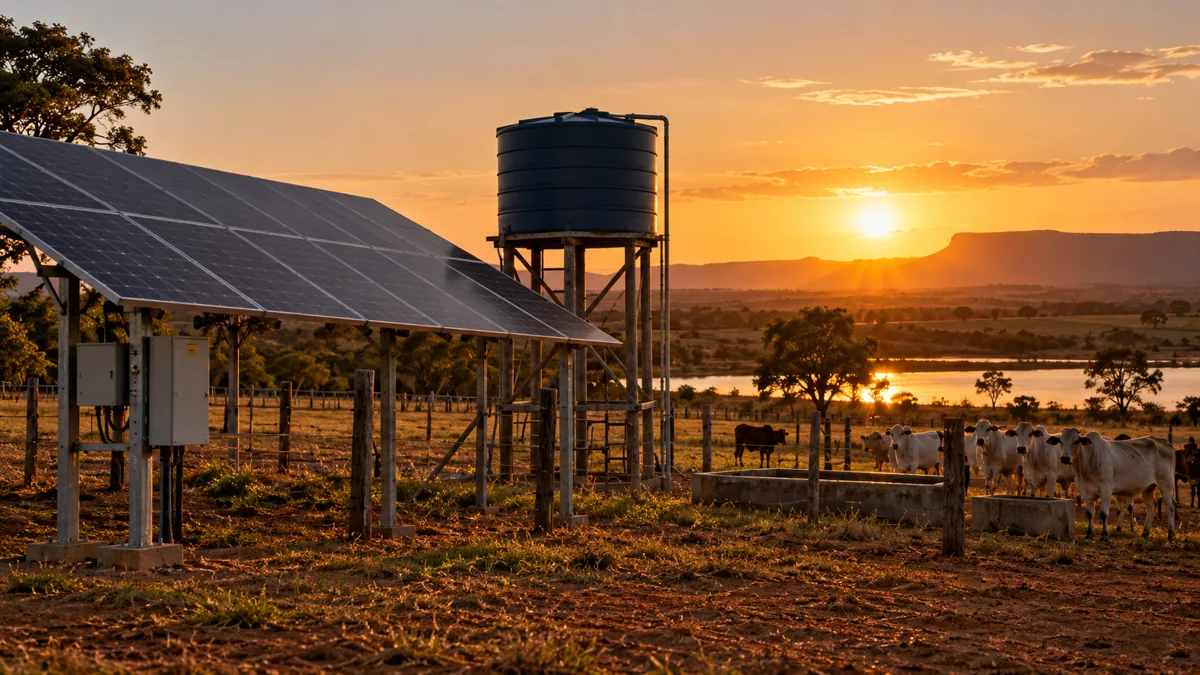Sistema solar com reservatório e gado ao entardecer em fazenda brasileira