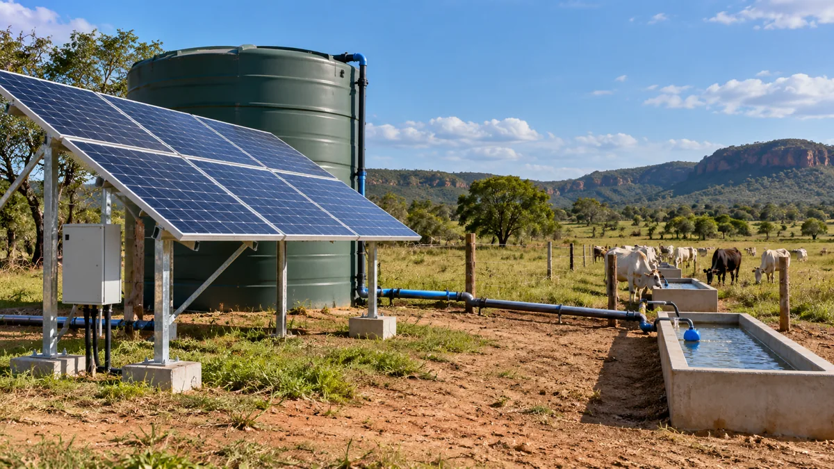 Grande reservatório rural ao lado de painéis solares
